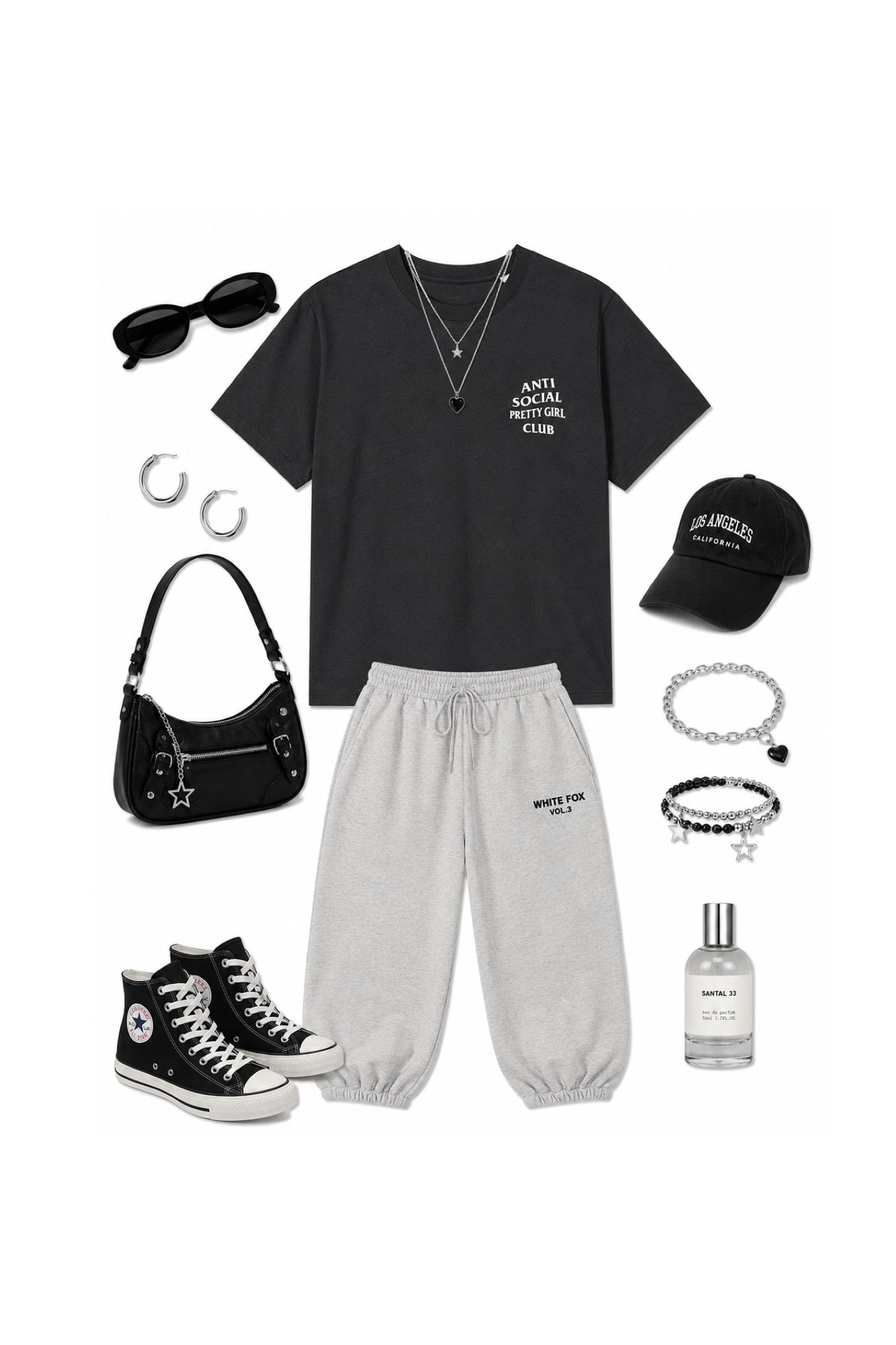 A styled flat-lay outfit on a white background featuring a black graphic t-shirt