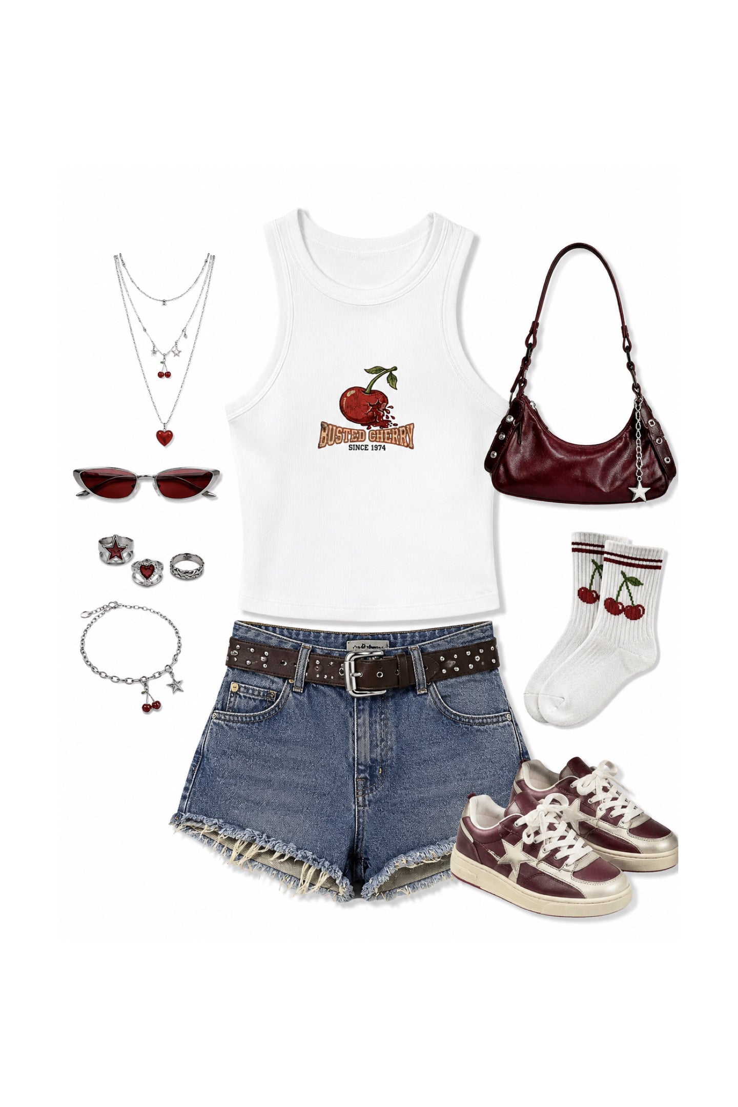 A flat lay outfit arrangement on a white background featuring a white tank top with a red cherries