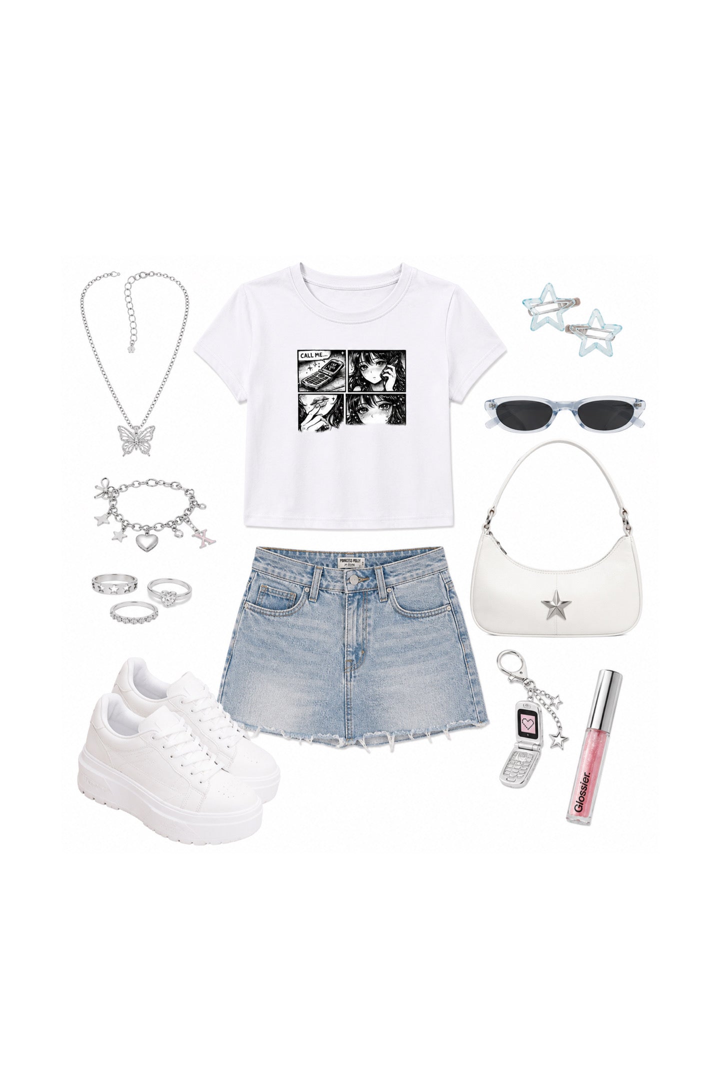 A flat lay outfit arrangement featuring a white graphic t-shirt, light-wash denim shorts, white platform sneakers, a white shoulder bag, sunglasses, and various silver jewelry pieces on a solid white background.