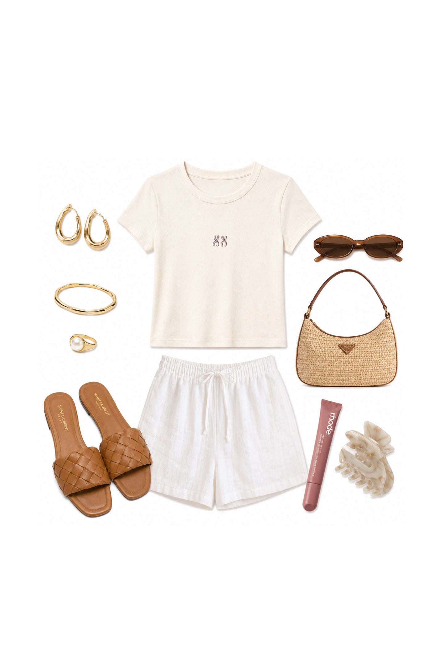 A styled flat lay outfit on a white background featuring a cream short-sleeve crop top 