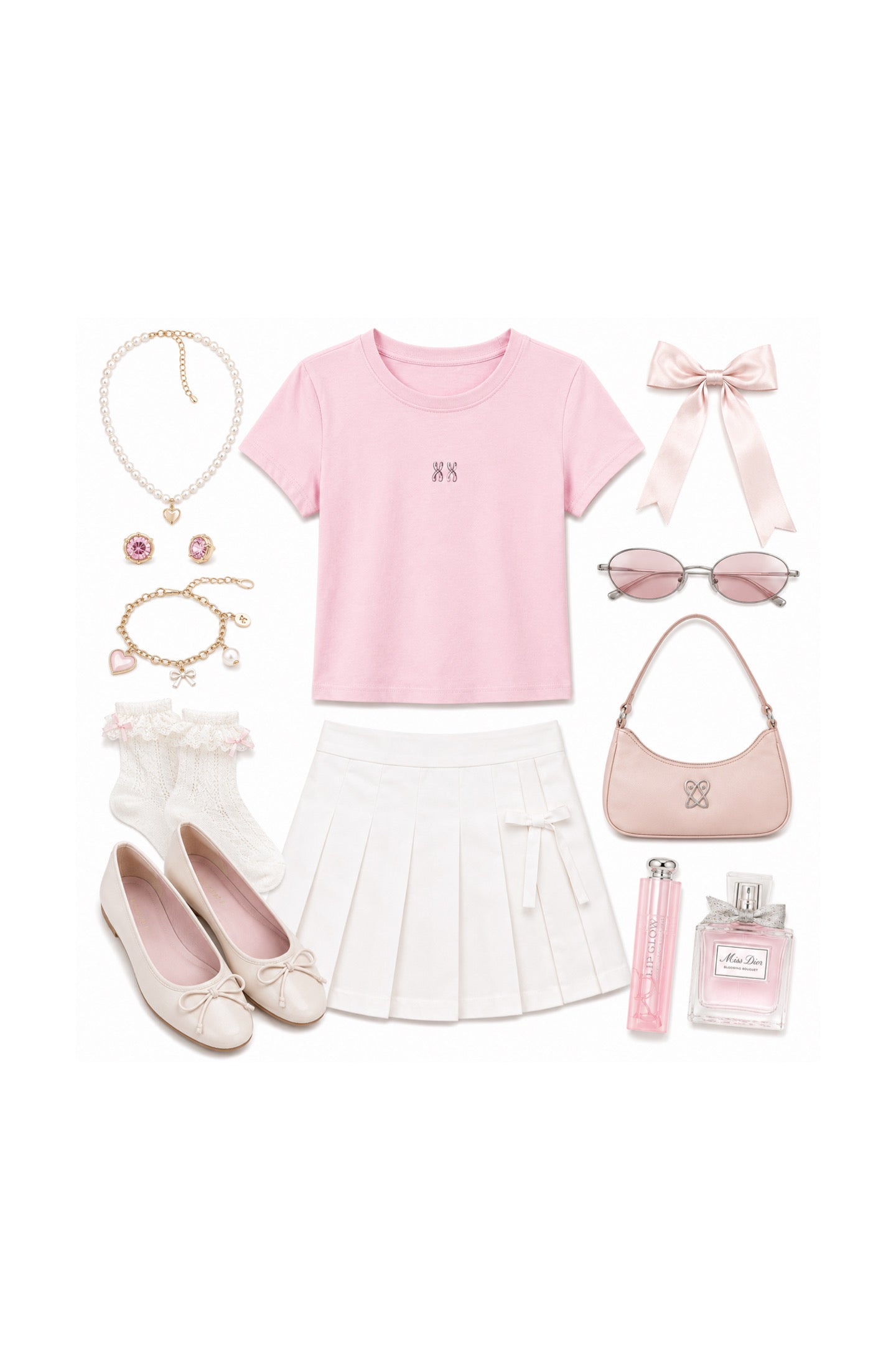 A styled flat-lay outfit set featuring a light pink short-sleeve crop top