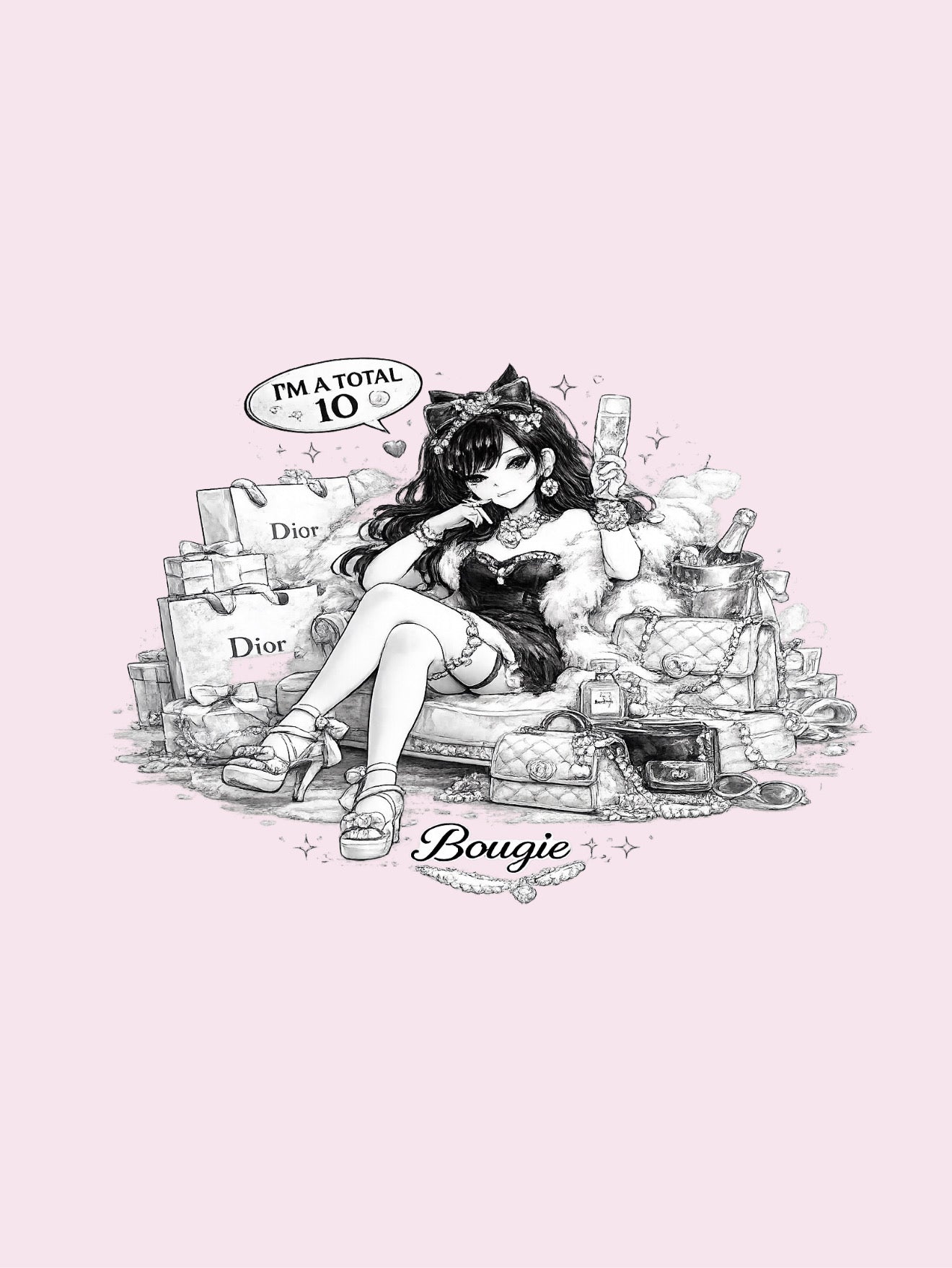 A black and white anime-style illustration of a girl surrounded by luxury shopping bags, bottles, and accessories, with a speech bubble reading 'I'M A TOTAL 10' and the word 'Bougie' below, all on a solid pale pink background. Several shopping bags are visibly branded with 'Dior'.