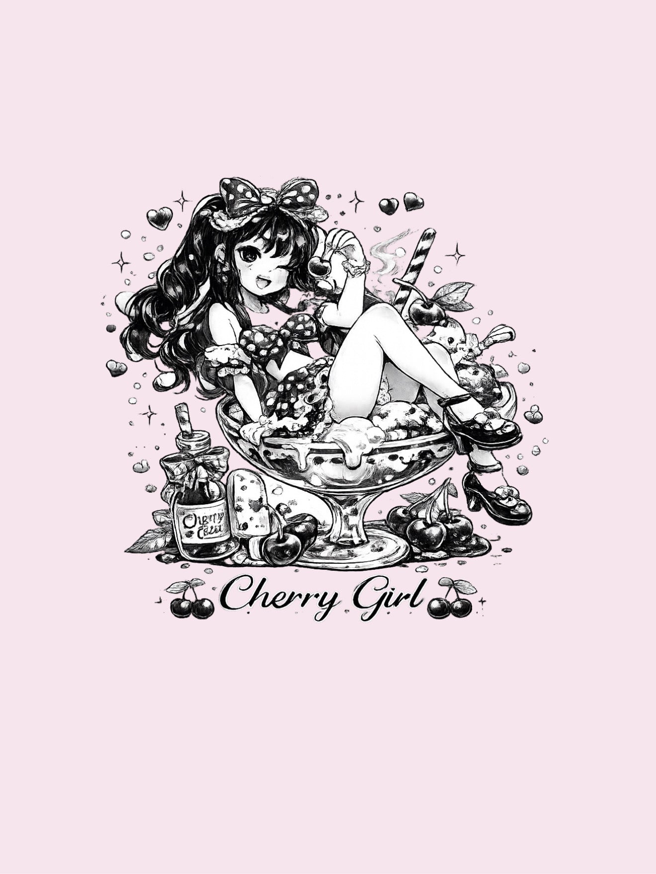 A black and white anime-style illustration of a girl with long wavy hair sitting in a dessert bowl, surrounded by cherries and sweets, with the text 'Cherry Girl' below, centered on a light pink background.