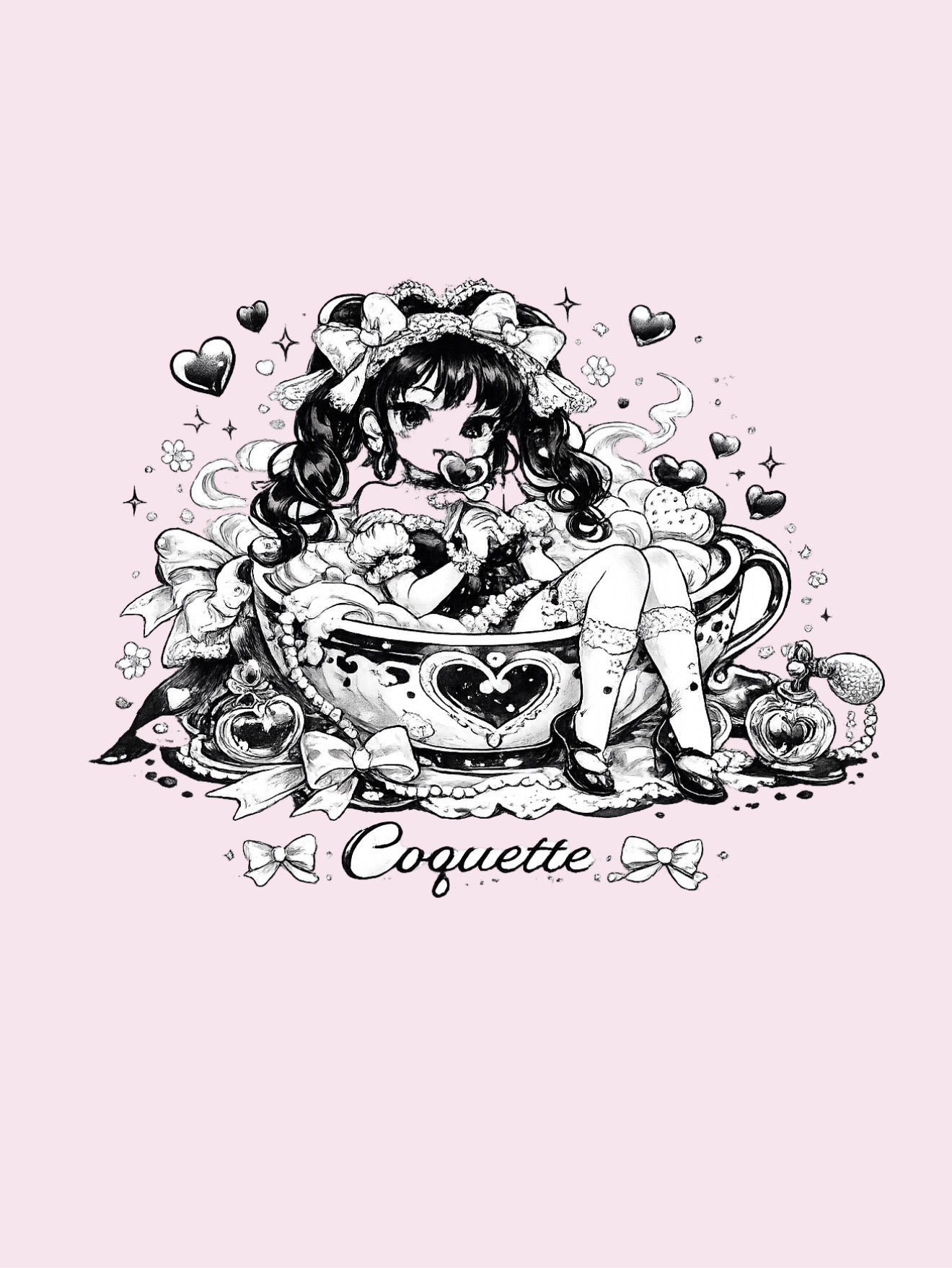 A black and white anime-style illustration of a girl with long curly hair sitting in a heart-themed teacup, surrounded by hearts and bows, with the word 'Coquette' written below on a pale pink background.
