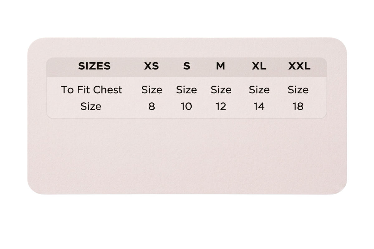 Size chart label for clothing with size measurements on a white background
