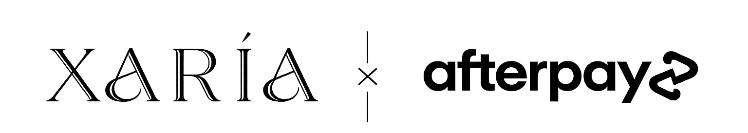 Black logo text reading 'XARÍA' on the left, a vertical divider symbol in the center, and 'afterpay' on the right, all on a plain white background.