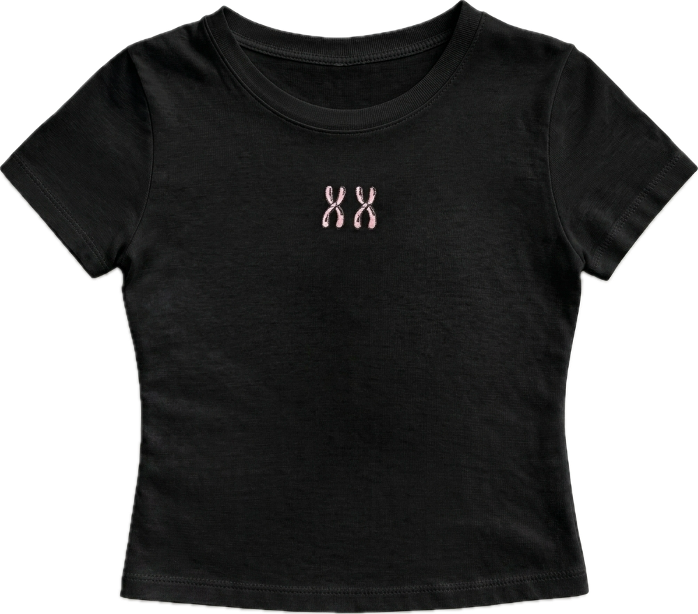 Black t-shirt with a pink logo on a white background
