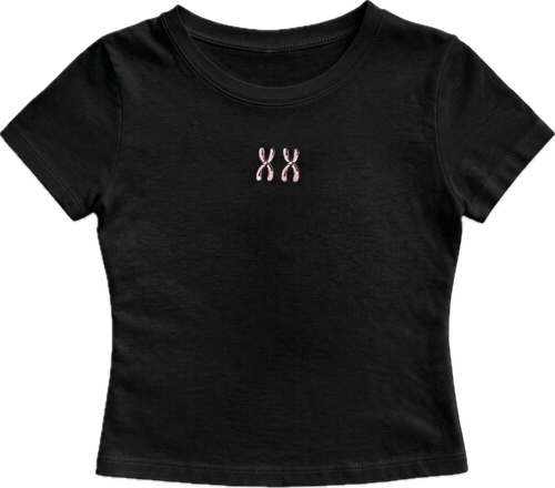 Black t-shirt with a pink logo on a white background