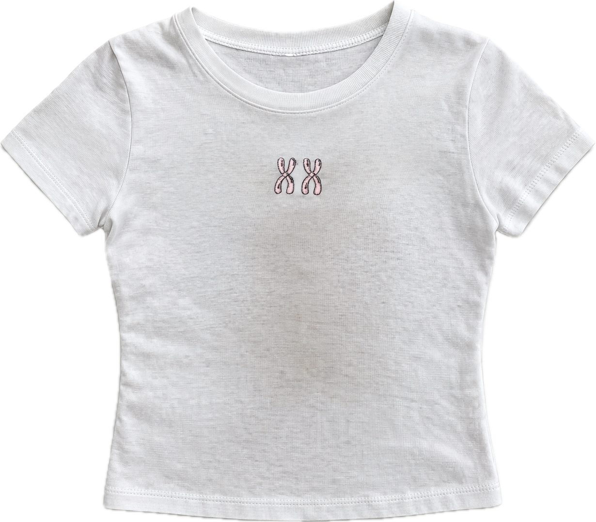 White t-shirt with a small logo on a white background