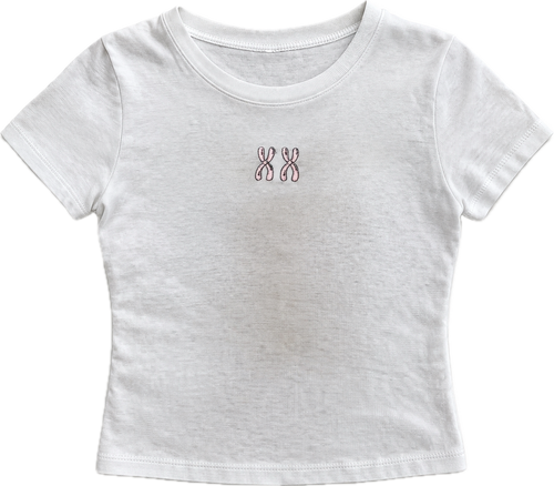 White t-shirt with a small logo on a white background