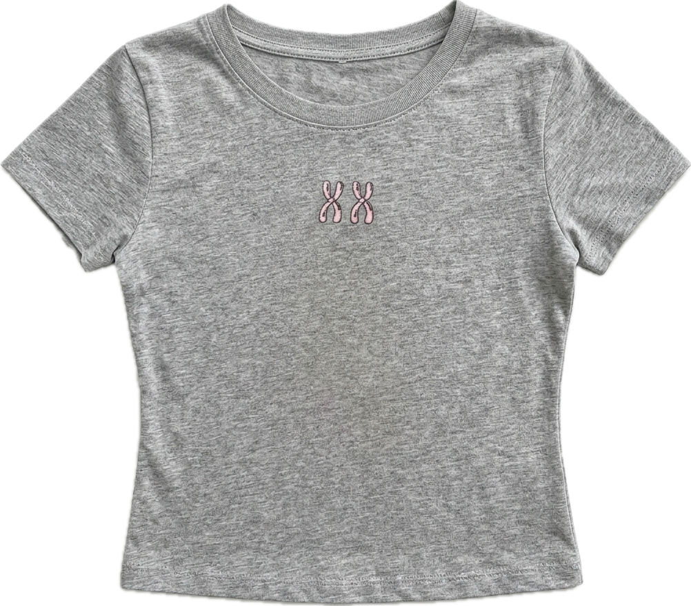 Gray t-shirt with a small logo on a white background